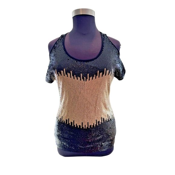 INC Black & Gold Sequin Cold-Shoulder Short Sleeve Large Top Party Formal NYE - Picture 1 of 6